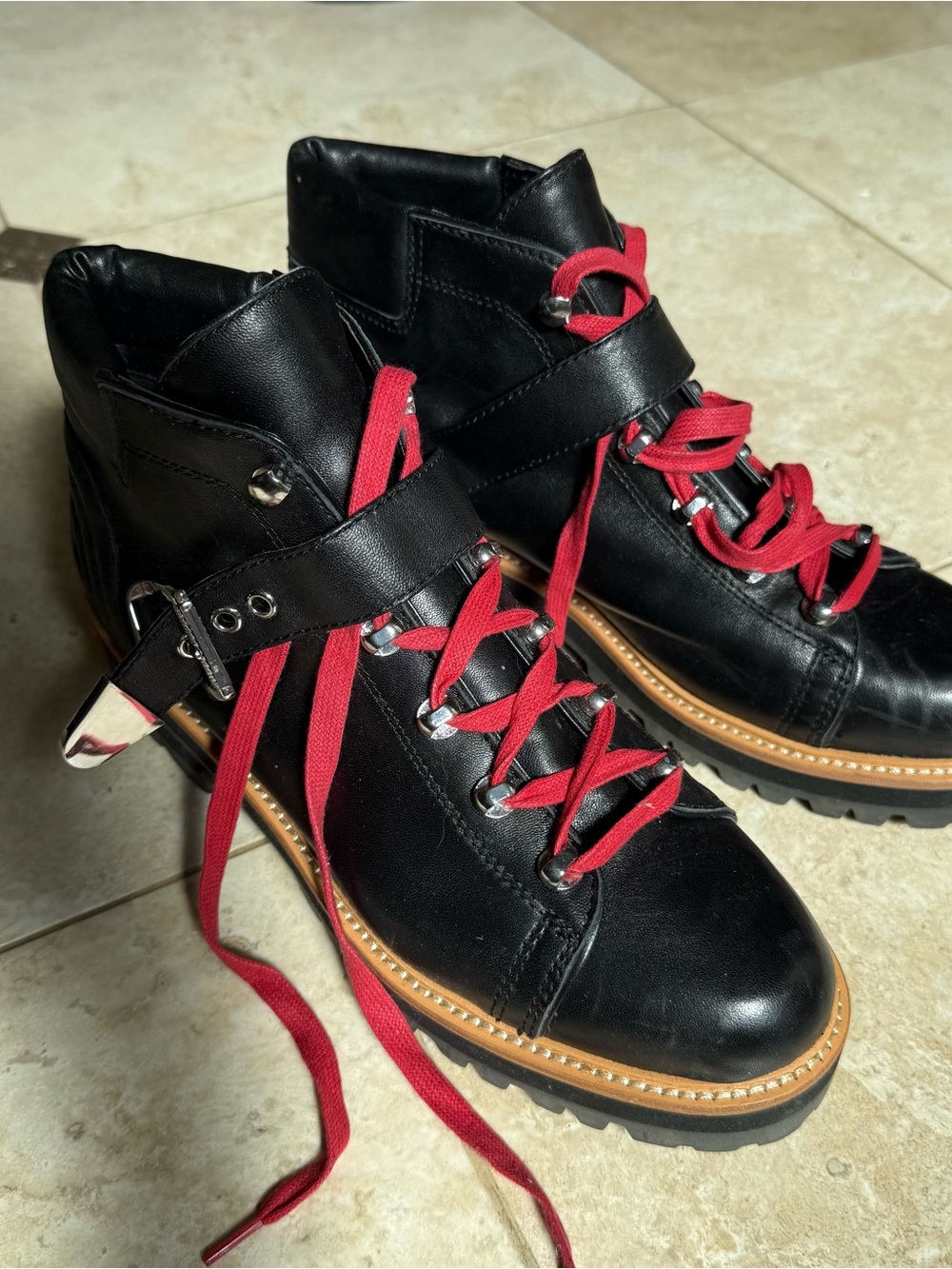 Marc Fisher Black Leather Lace-Up Boots with Red Laces